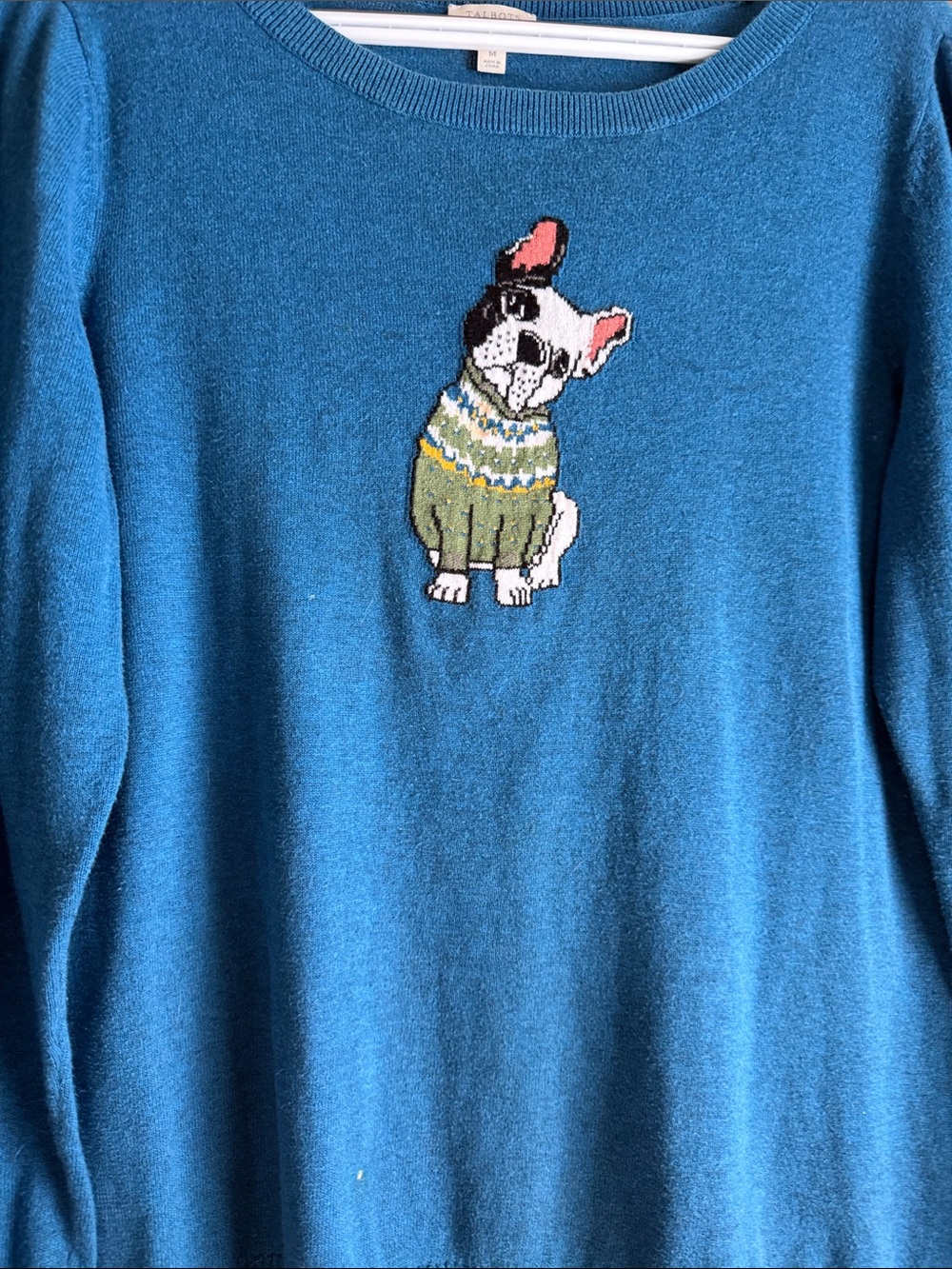 Talbots Teal Knit Sweater with Green & White Dog Motif - Picture 2 of 6